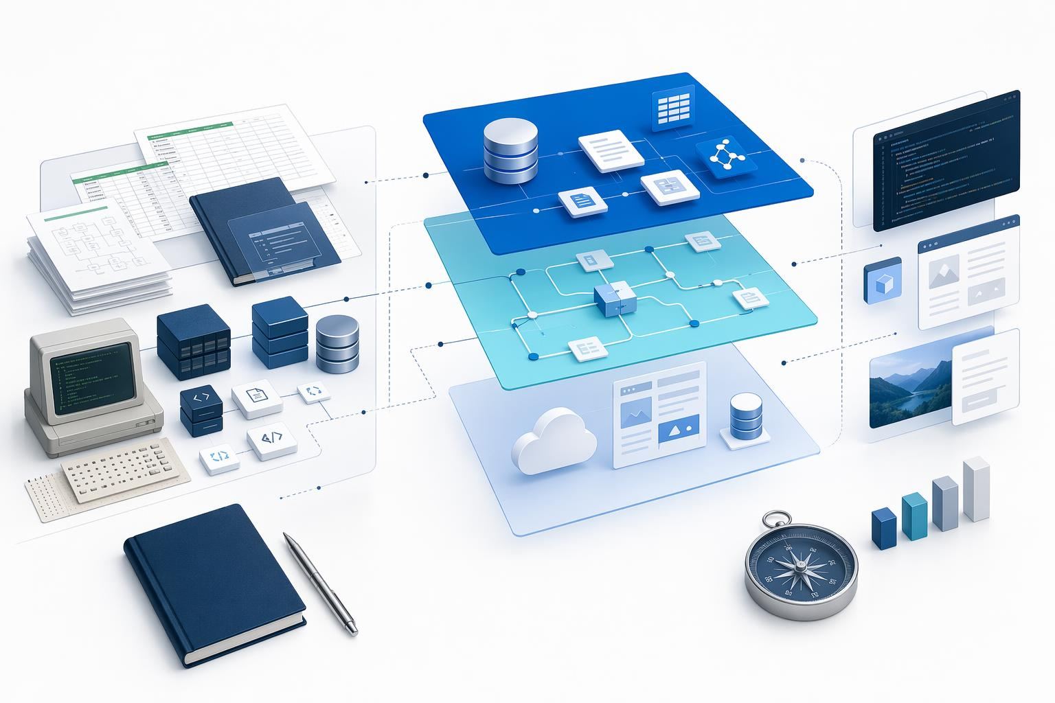 Excel、Access、CMS、クラウド、データベースなど既存資産を確認するイメージ
